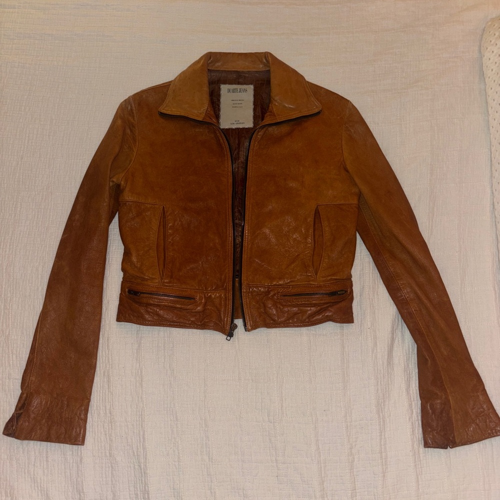 Duarte Jeans Vintage 1987 Tan Leather Jacket - Zippered, Cropped, Handmade. XS
